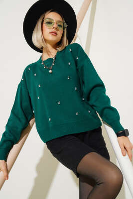 Serpme İncili Kısa Triko Kazak Zümrüt - Kadın Giyim Modelleri