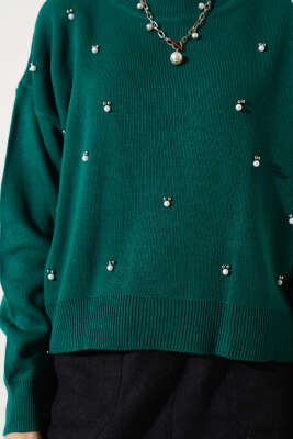 Serpme İncili Kısa Triko Kazak Zümrüt - Kadın Giyim Modelleri