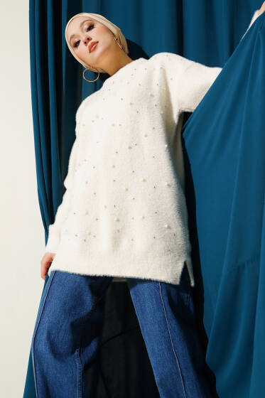 Serpme İncili Sakallı Tunik Ekru - Tunik