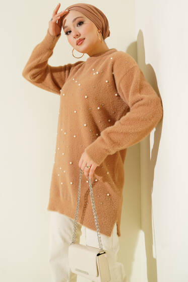 Serpme İncili Sakallı Tunik Latte - Tunik