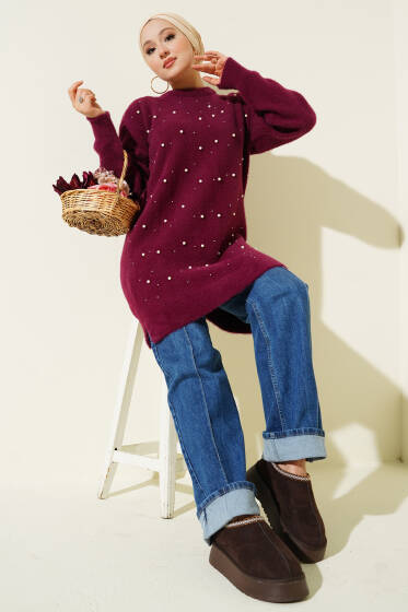 Serpme İncili Sakallı Tunik Magenta - Tunik