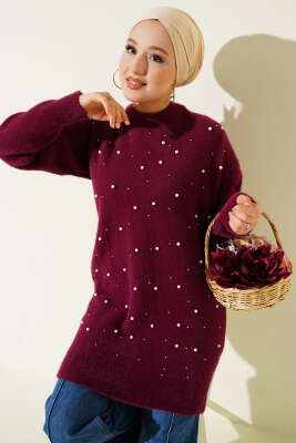 Serpme İncili Sakallı Tunik Magenta - Tunik