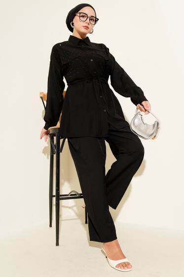 Serpme Taş Detaylı İkili Takım Siyah - İkili Takım