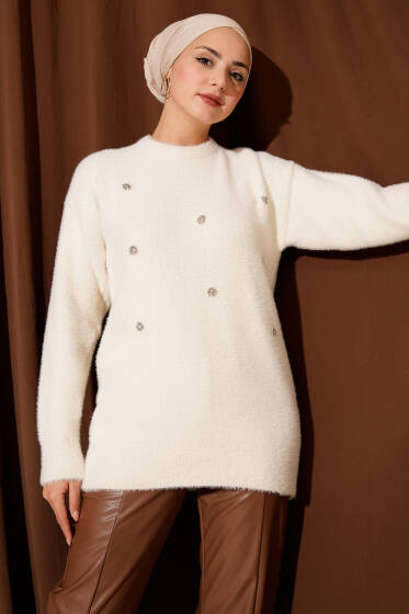 Serpme Taş Detaylı Sakallı Tunik Ekru - Tunik