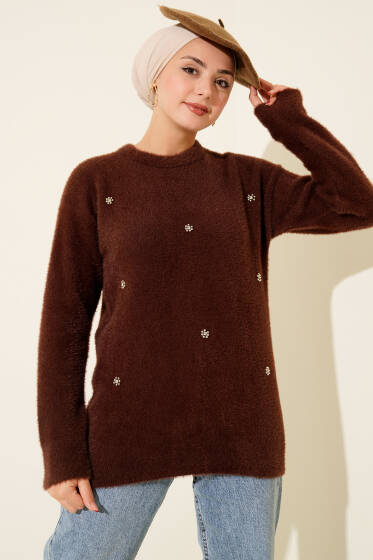 Serpme Taş Detaylı Sakallı Tunik Kahve - Tunik