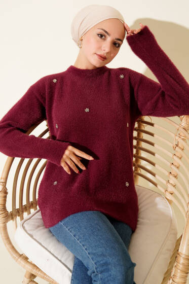 Serpme Taş Detaylı Sakallı Tunik Magenta - Tunik