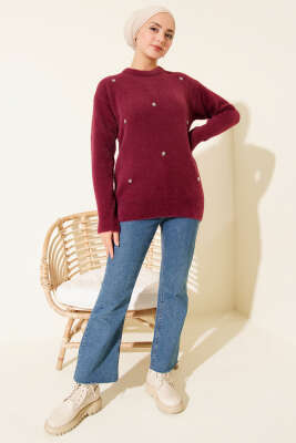 Serpme Taş Detaylı Sakallı Tunik Magenta - Tunik