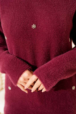 Serpme Taş Detaylı Sakallı Tunik Magenta - Tunik