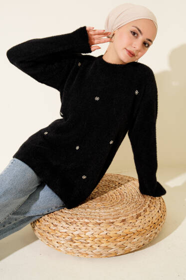 Serpme Taş Detaylı Sakallı Tunik Siyah - Tunik