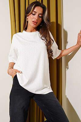 Serpme Taşlı Basic T-shirt Beyaz - CALİENTE