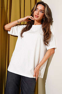 Serpme Taşlı Basic T-shirt Beyaz - Kadın Giyim Modelleri