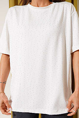 Serpme Taşlı Basic T-shirt Beyaz - Kadın Giyim Modelleri