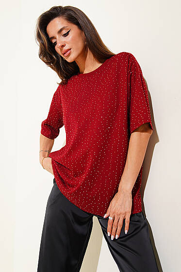 Serpme Taşlı Basic T-shirt Bordo - Kadın Giyim Modelleri