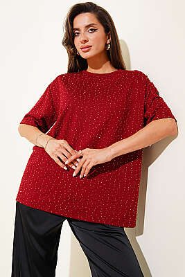Serpme Taşlı Basic T-shirt Bordo - Kadın Giyim Modelleri
