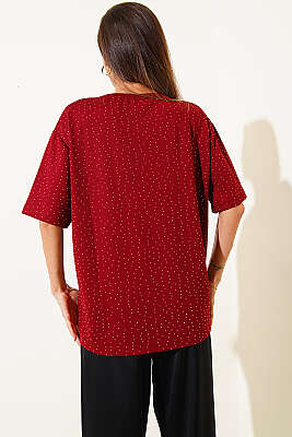 Serpme Taşlı Basic T-shirt Bordo - Kadın Giyim Modelleri