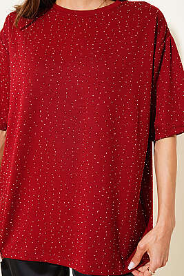 Serpme Taşlı Basic T-shirt Bordo - Kadın Giyim Modelleri