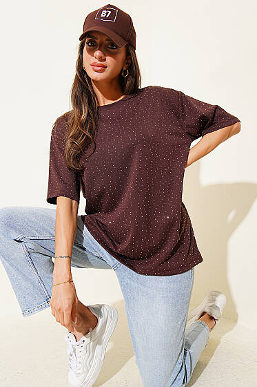 Serpme Taşlı Basic T-shirt Kahve - Kadın Giyim Modelleri