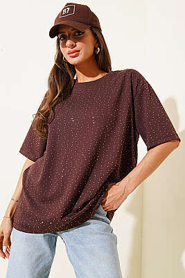 Serpme Taşlı Basic T-shirt Kahve - Kadın Giyim Modelleri
