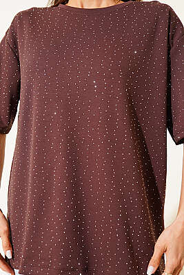 Serpme Taşlı Basic T-shirt Kahve - Kadın Giyim Modelleri