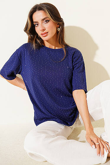 Serpme Taşlı Basic T-shirt Lacivert - Kadın Giyim Modelleri