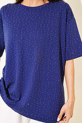 Serpme Taşlı Basic T-shirt Lacivert - Kadın Giyim Modelleri