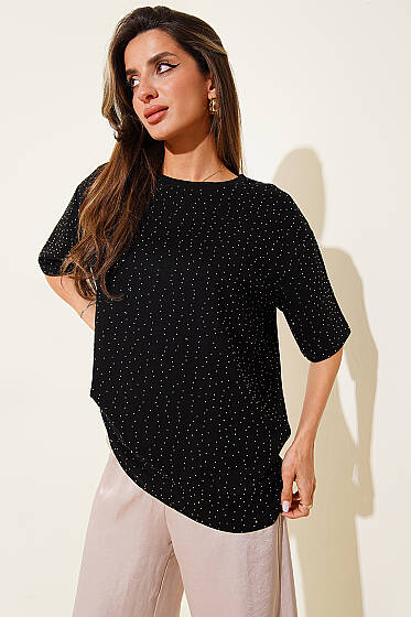 Serpme Taşlı Basic T-shirt Siyah - Kadın Giyim Modelleri