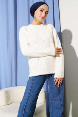 Serpme Taşlı Çizgili Sakallı Kazak Ekru - Triko Kazak