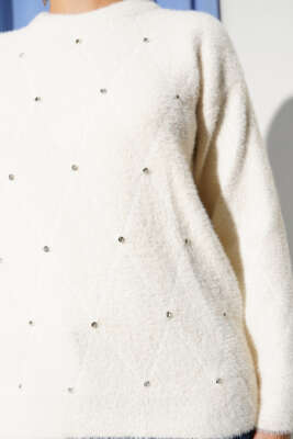 Serpme Taşlı Çizgili Sakallı Kazak Ekru - Triko Kazak