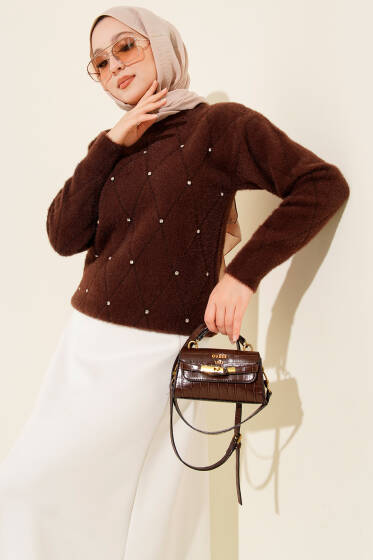 Serpme Taşlı Çizgili Sakallı Kazak Kahve - Triko Kazak