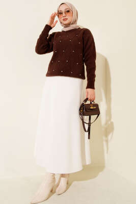 Serpme Taşlı Çizgili Sakallı Kazak Kahve - Triko Kazak