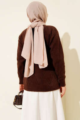 Serpme Taşlı Çizgili Sakallı Kazak Kahve - Triko Kazak