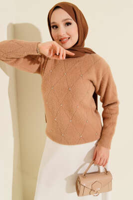 Serpme Taşlı Çizgili Sakallı Kazak Latte - SUDE NAZ