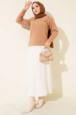 Serpme Taşlı Çizgili Sakallı Kazak Latte - Triko Kazak