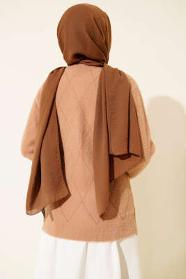 Serpme Taşlı Çizgili Sakallı Kazak Latte - Triko Kazak