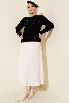 Serpme Taşlı Çizgili Sakallı Kazak Siyah - Triko Kazak