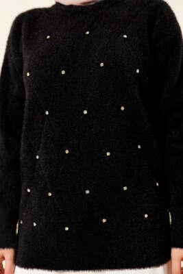 Serpme Taşlı Çizgili Sakallı Kazak Siyah - Triko Kazak