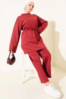 Serpme Taşlı İp Bağcıklı İkili Takım Bordo - İkili Takım