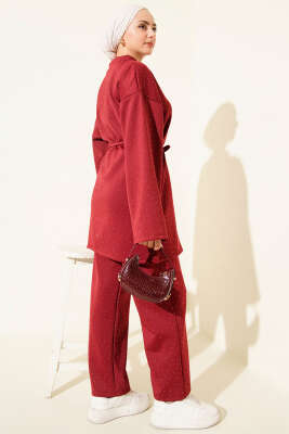 Serpme Taşlı İp Bağcıklı İkili Takım Bordo - İkili Takım