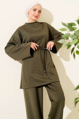 Serpme Taşlı İp Bağcıklı İkili Takım Haki - İkili Takım