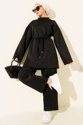 Serpme Taşlı İp Bağcıklı İkili Takım Siyah - TEGOE