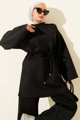 Serpme Taşlı İp Bağcıklı İkili Takım Siyah - İkili Takım