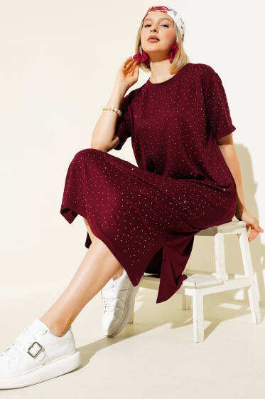 Serpme Taşlı Midi Elbise Bordo - Kadın Giyim Modelleri