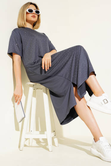 Serpme Taşlı Midi Elbise Füme - Kadın Giyim Modelleri