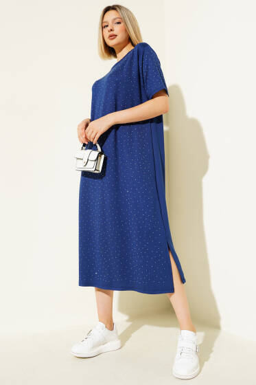 Serpme Taşlı Midi Elbise Lacivert - Kadın Giyim Modelleri