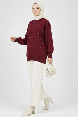 Serpme Taşlı Triko Tunik Bordo - Tunik