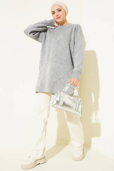Serpme Taşlı Triko Tunik Gri - Tunik
