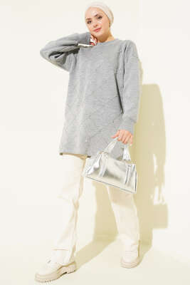 Serpme Taşlı Triko Tunik Gri 