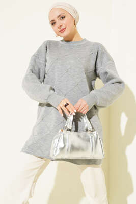 Serpme Taşlı Triko Tunik Gri - Yılın Fırsatı