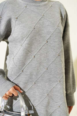 Serpme Taşlı Triko Tunik Gri - Yılın Fırsatı