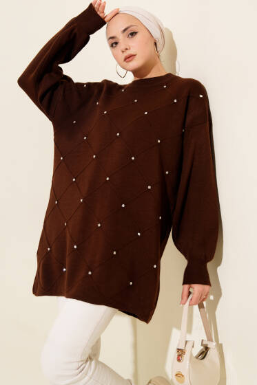 Serpme Taşlı Triko Tunik Kahve - Tunik